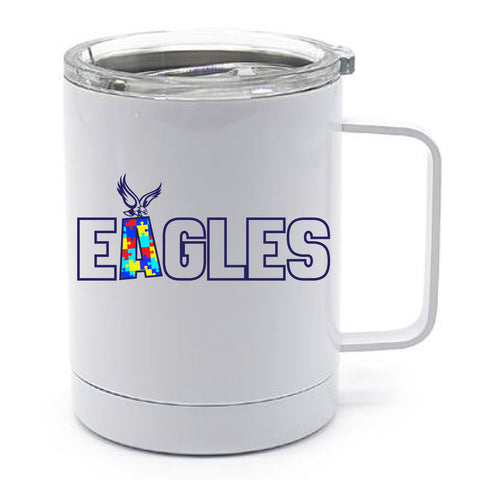 WHITE TRAVEL MUG WITH HANDLE AND CLEAR LID