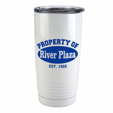 White tumbler with royal blue Property Of River Plaza logo, EST. 1922